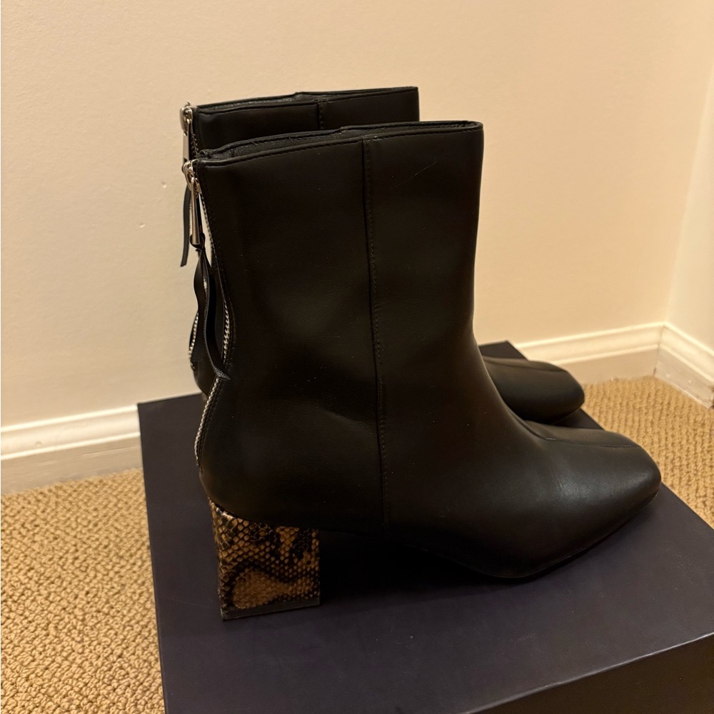 French Connection Black Leather Bootie Snakeskin Block Heel